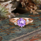 Nature-Inspired 4 - Prong Hexagon - Cut Amethyst Ring